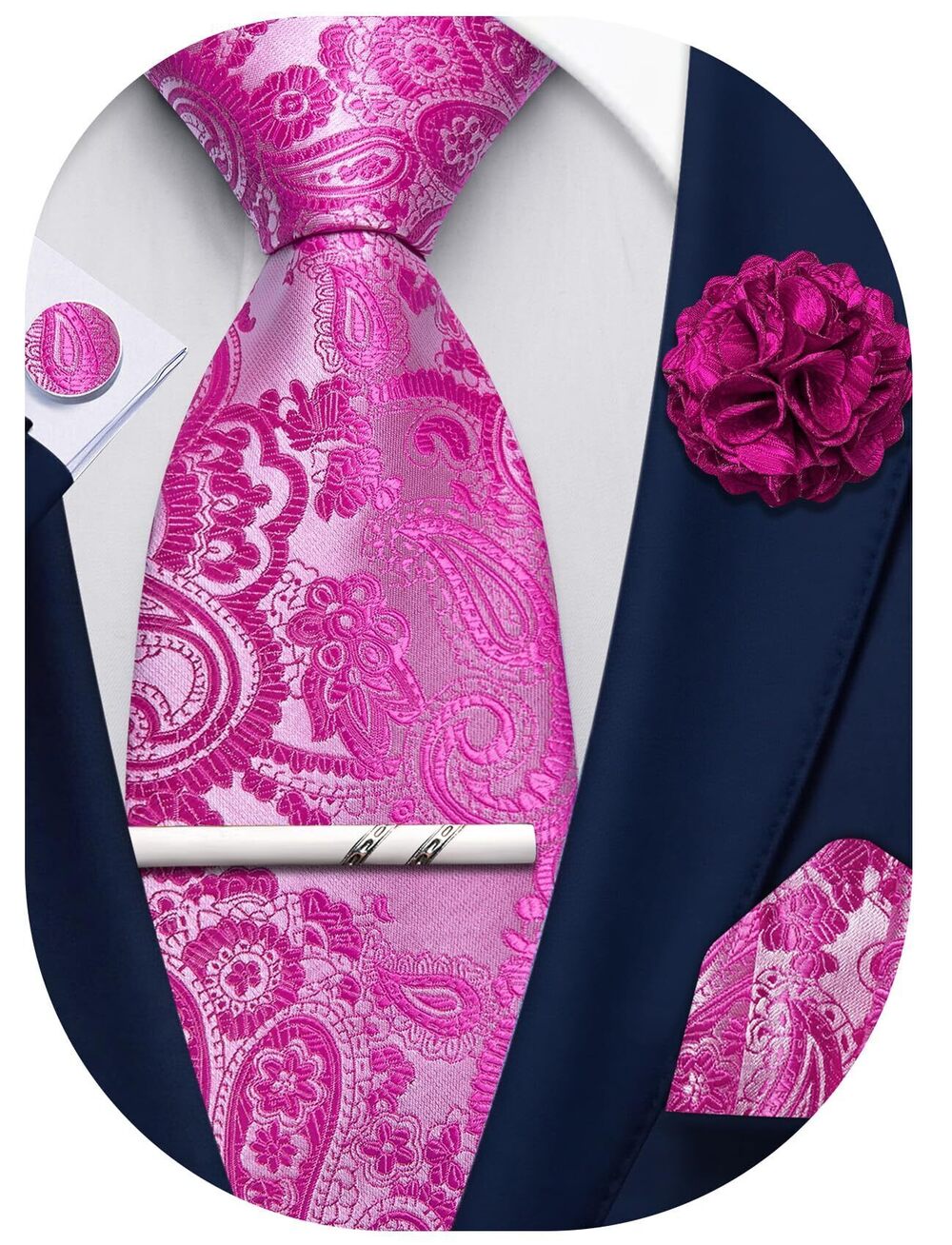 5292 Hot Pink Paisley Ties Silk Woven Necktie Pocket Square Cufflinks Tie